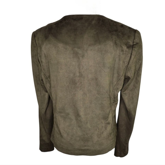 Carmen Marc Valvo Olive Faux Suede Laser Cut Zip Jacket Size 8 Boho Chic - Picture 7 of 8